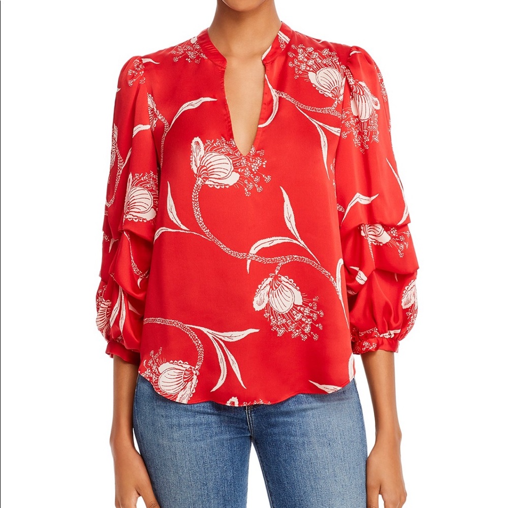 Joie Red Silk Puff Sleeve Floral Blouse Top Shirt
